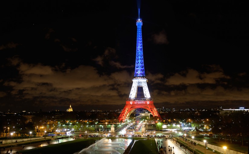 The Eiffel Tower Lit Up in Blue White and Red