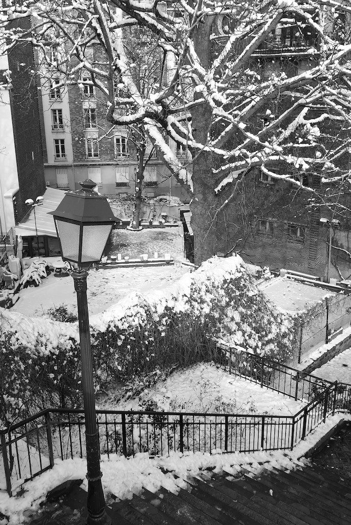 Stairs in Montmartre under snow